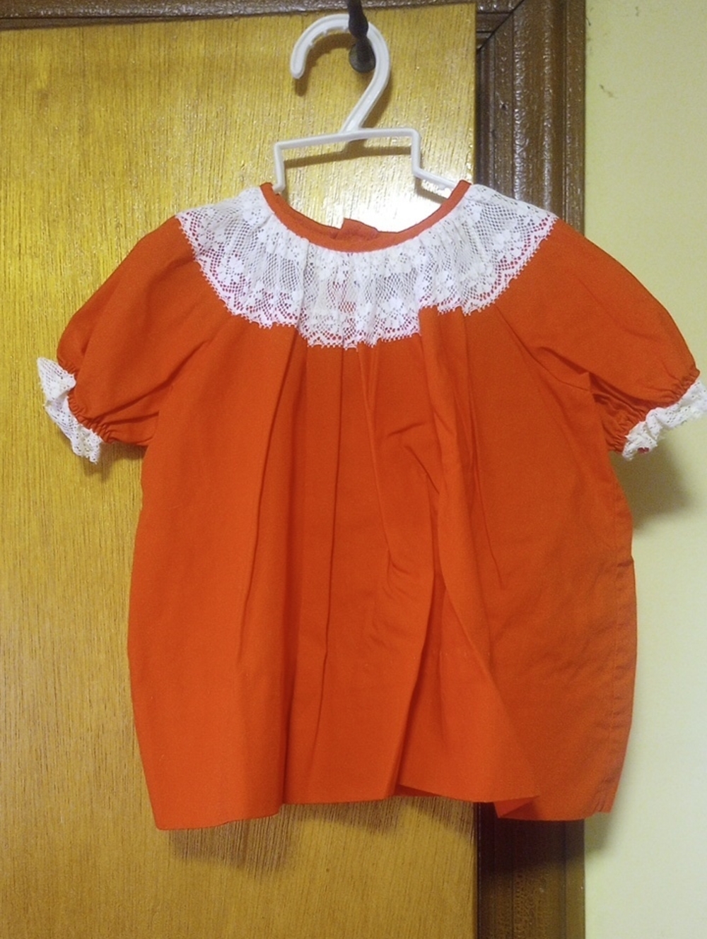 Nanette Vintage Orange/ Red Summer Baby Dress w/ Cream Floral Lace, 12 Month?